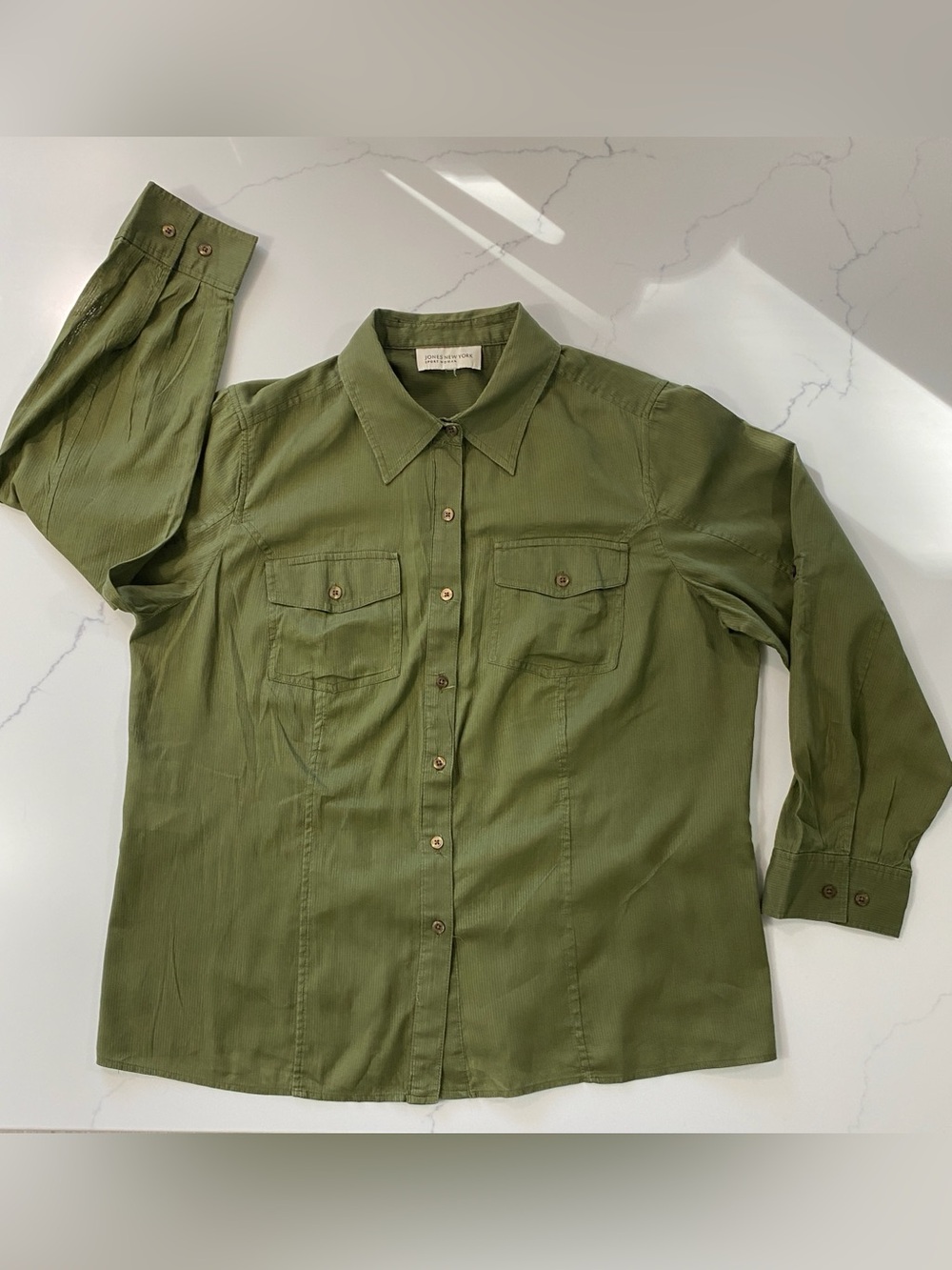 Jones NY Sport Woman Olive Green Cotton Button Front Shirt Roll Tab Sleeve